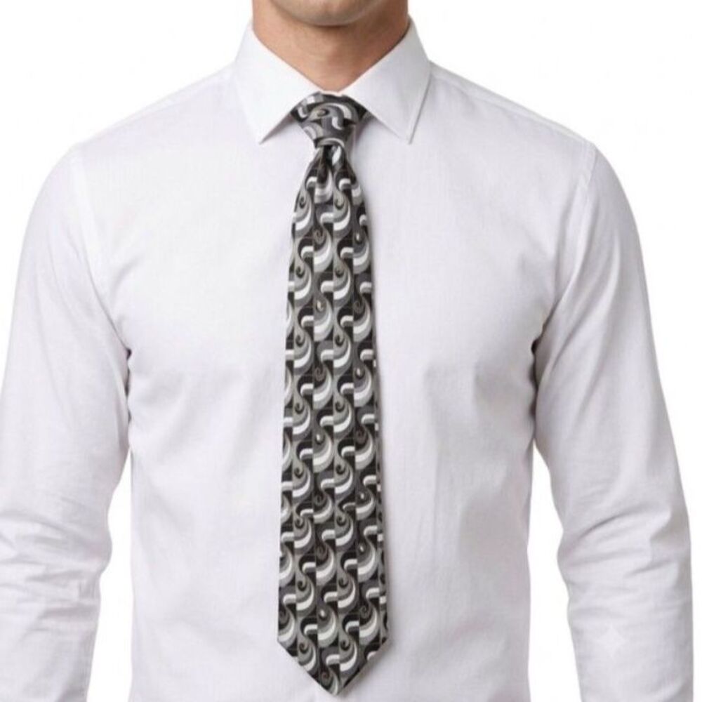 Henry Grethel Men's NWOT Gray Black 100% Silk Art Deco Geometric Print Tie
